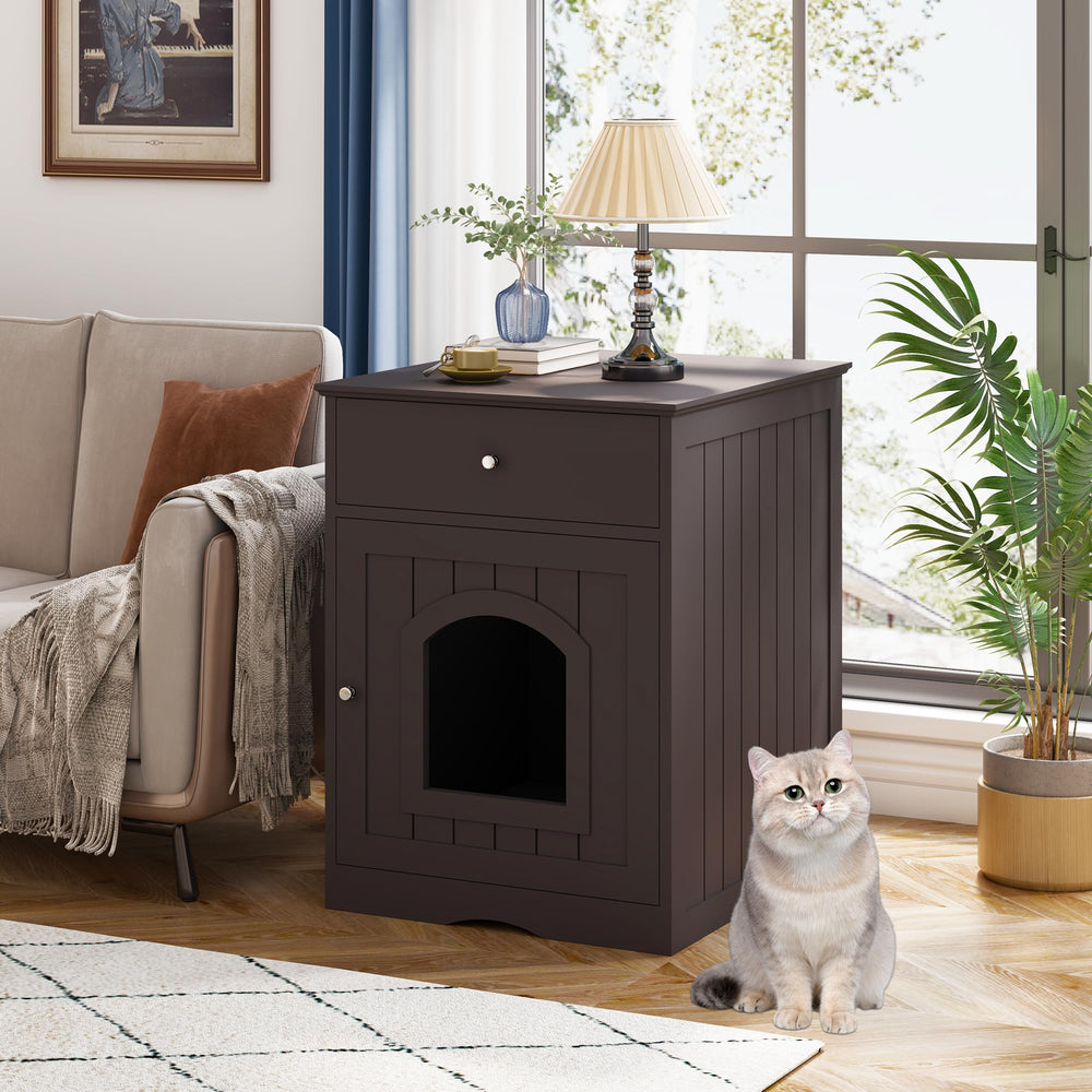 Qiaoxuan Litter Box Enclosure with drawer open highlights convenient cat food storage.