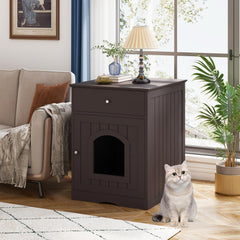 Qiaoxuan Litter Box Enclosure with drawer open highlights convenient cat food storage.