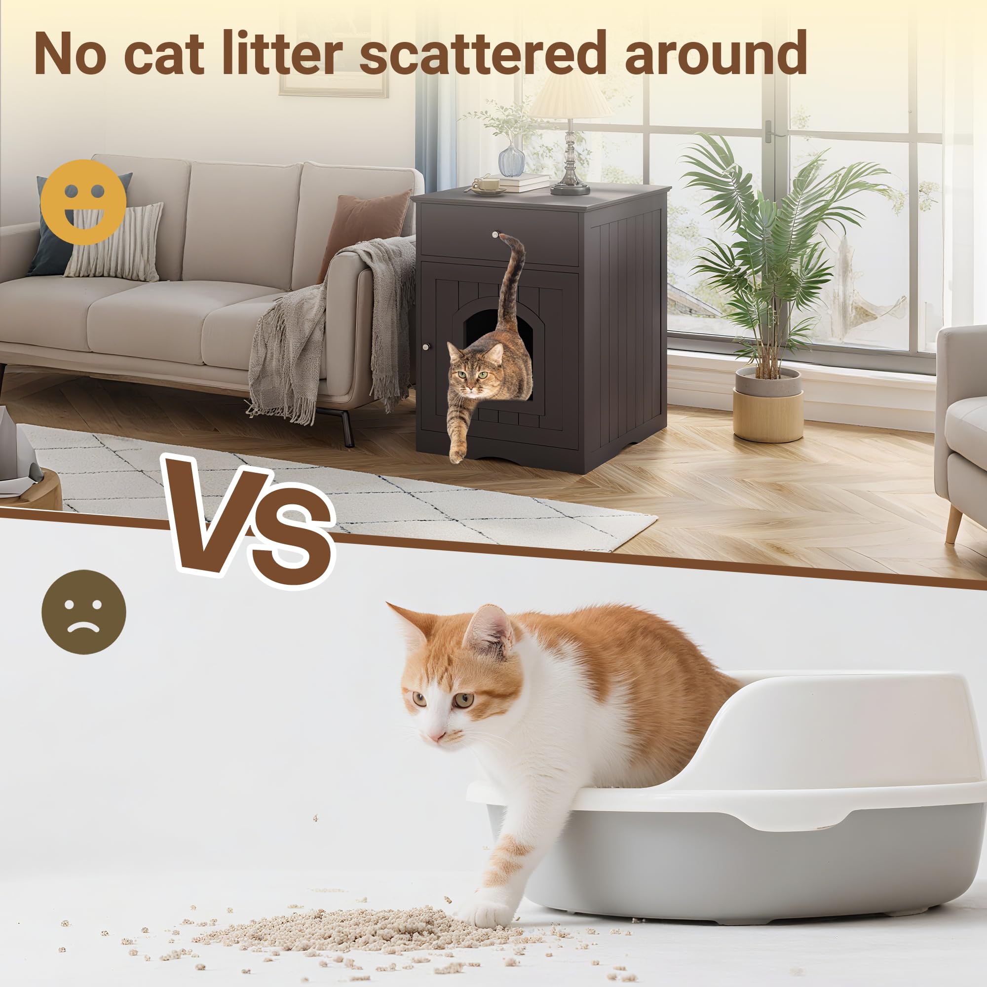 Qiaoxuan Litter Box Enclosure drawer stores cat food and essentials.