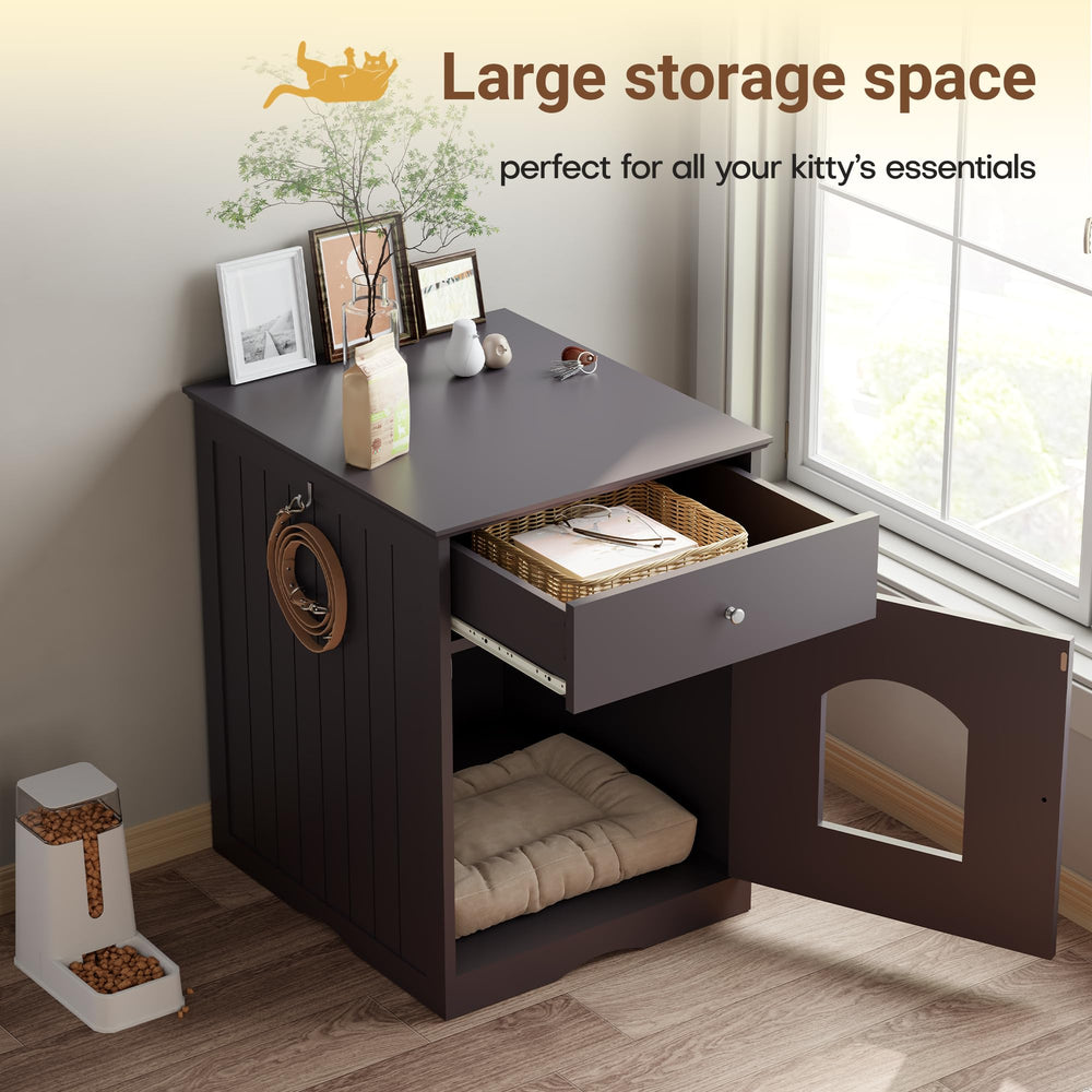 Qiaoxuan Litter Box Enclosure front-entry design saves space in small rooms.