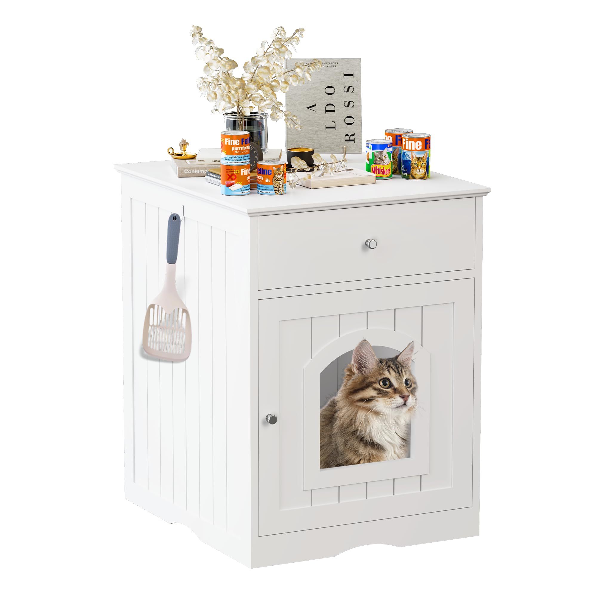 Qiaoxuan litter box enclosure front view in white offers private feline space