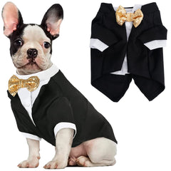 Qidelong dog tuxedo with gold bow front for wedding-ready charm