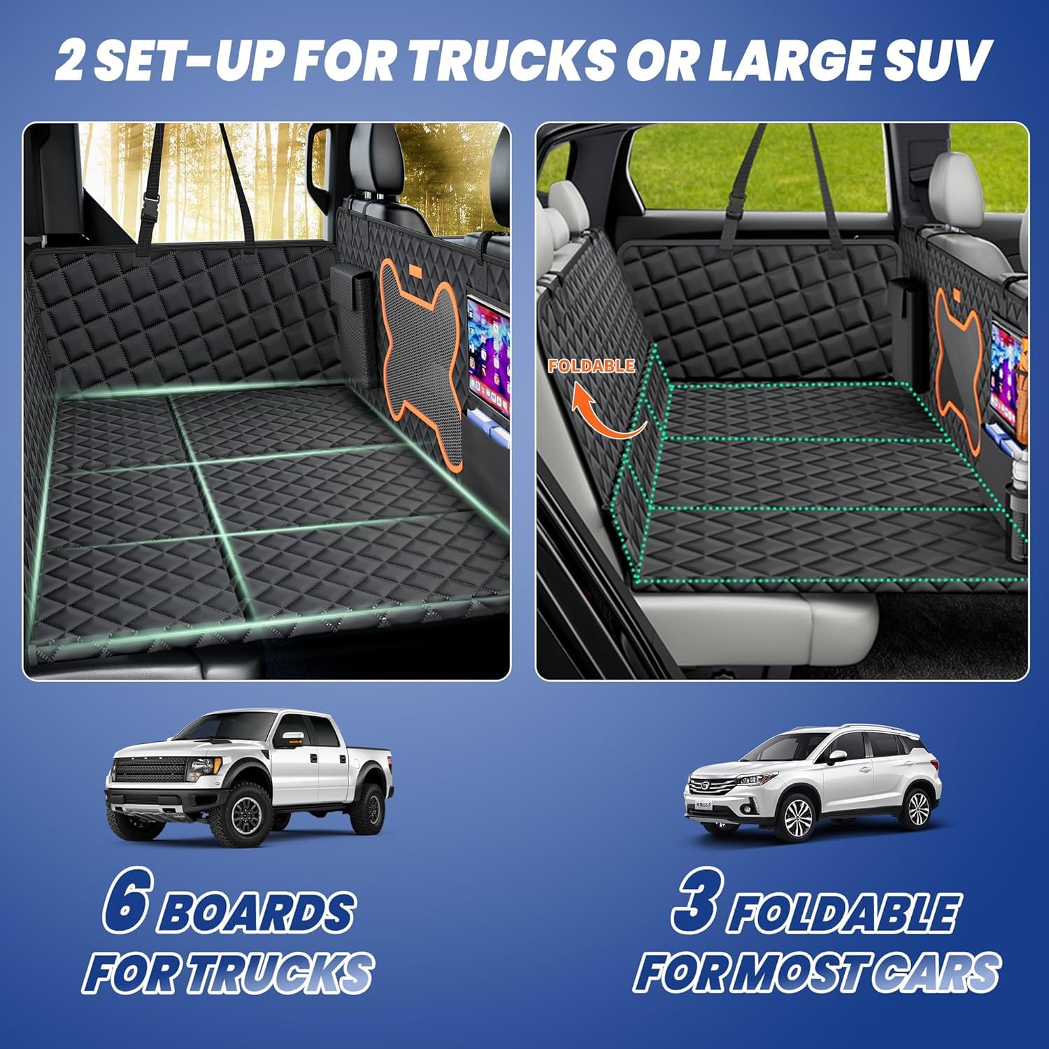 QINGTI truck dog seat cover extends space by 65 percent for extra room.