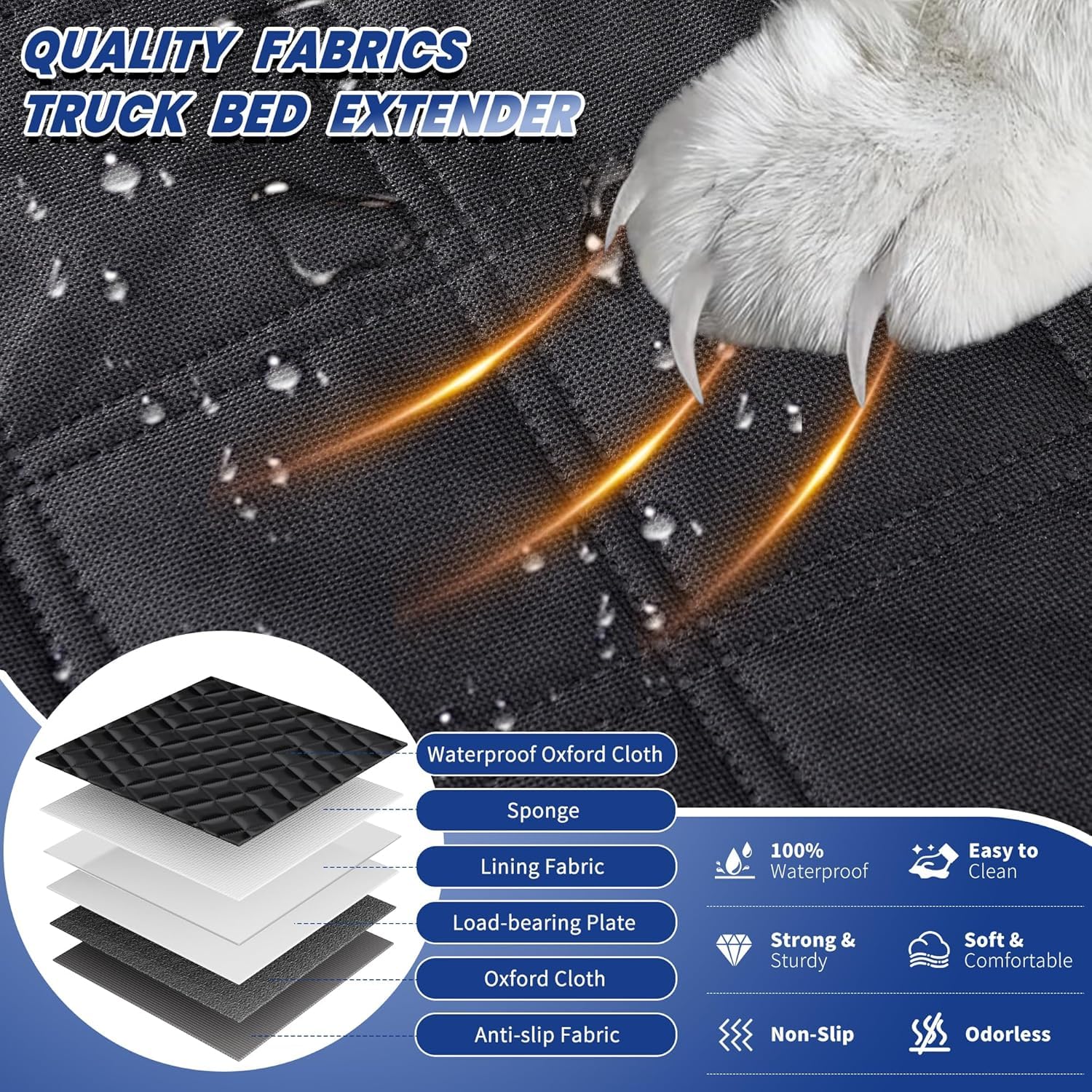 QINGTI truck dog seat cover hard bottom boards create a flat, stable ride.