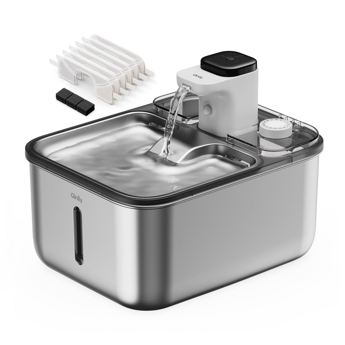Qinliy automatic stainless steel cat water fountain front view for indoor placement