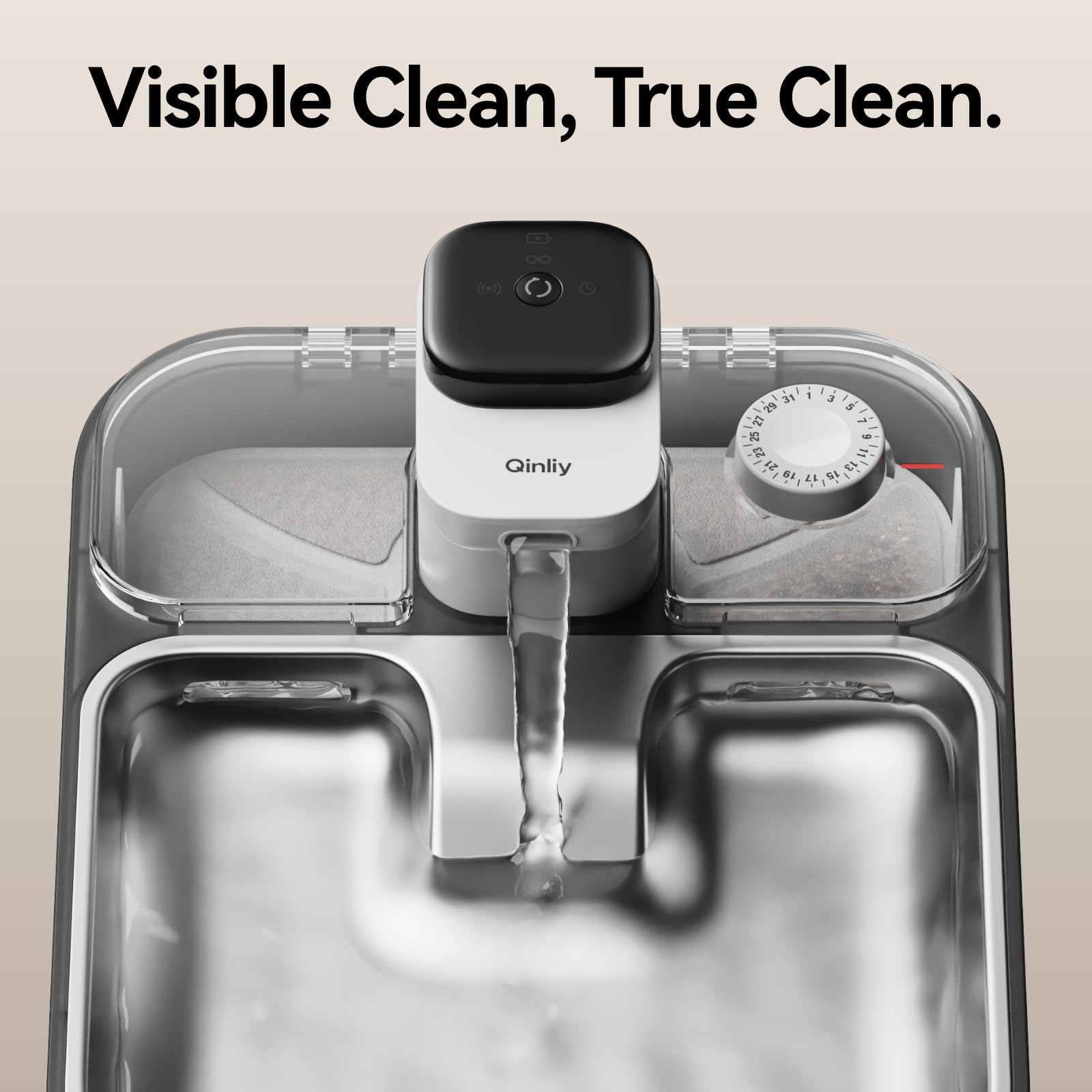 Qinliy wireless cat water fountain battery compartment close-up showing cordless convenience