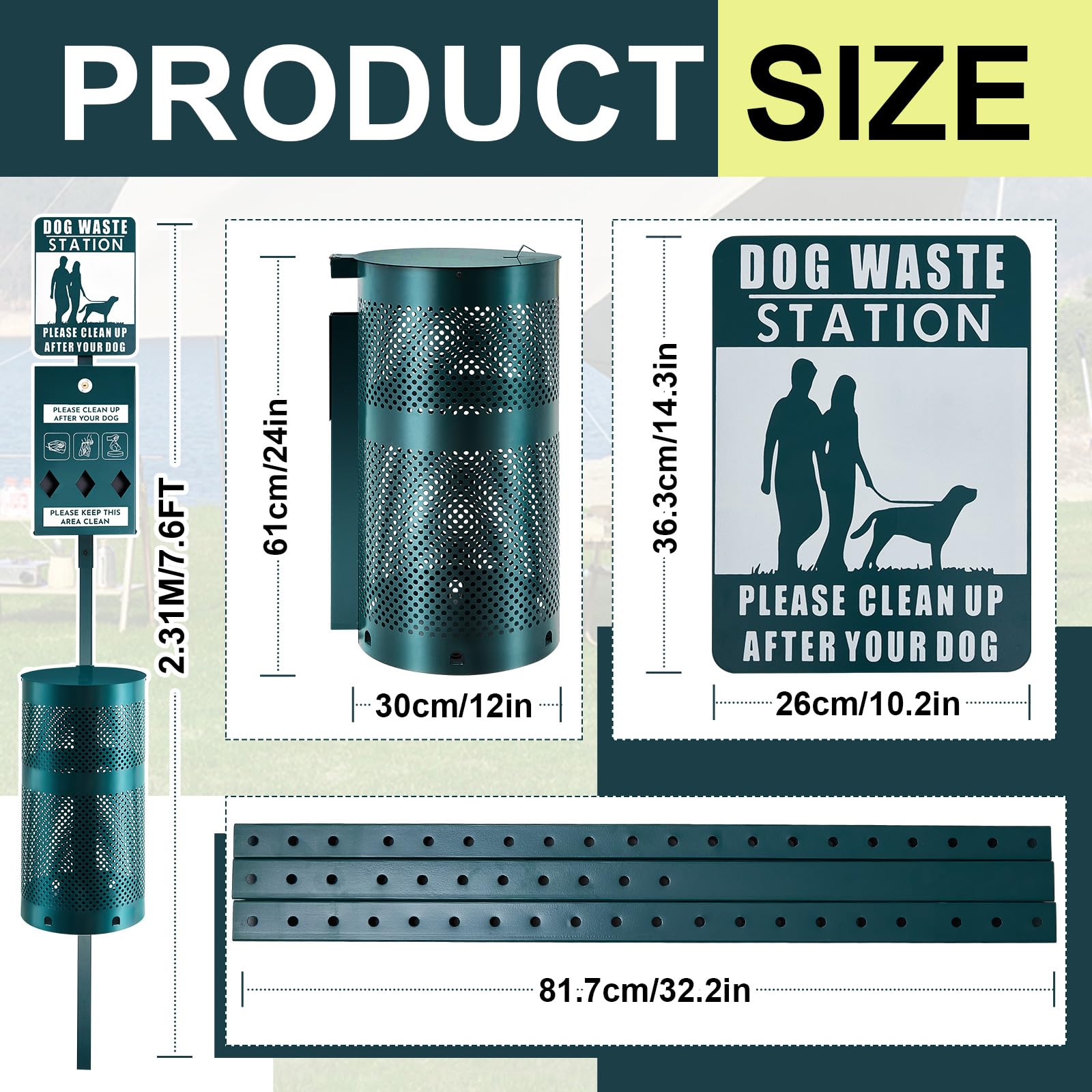 Qinyoung dog waste bin closeup highlights rust-proof coating and sturdy construction for daily park use.
