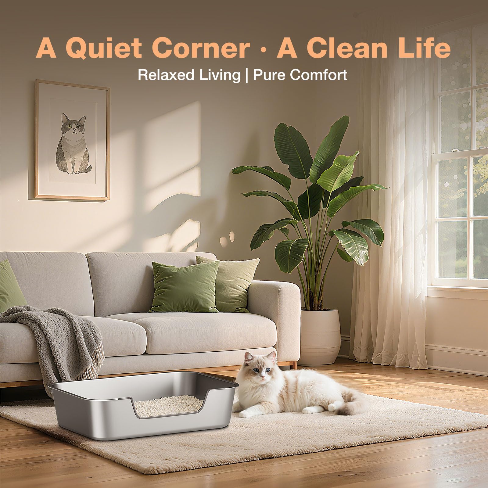Qiuma stainless steel cat litter box four sizes fit small to large cats.
