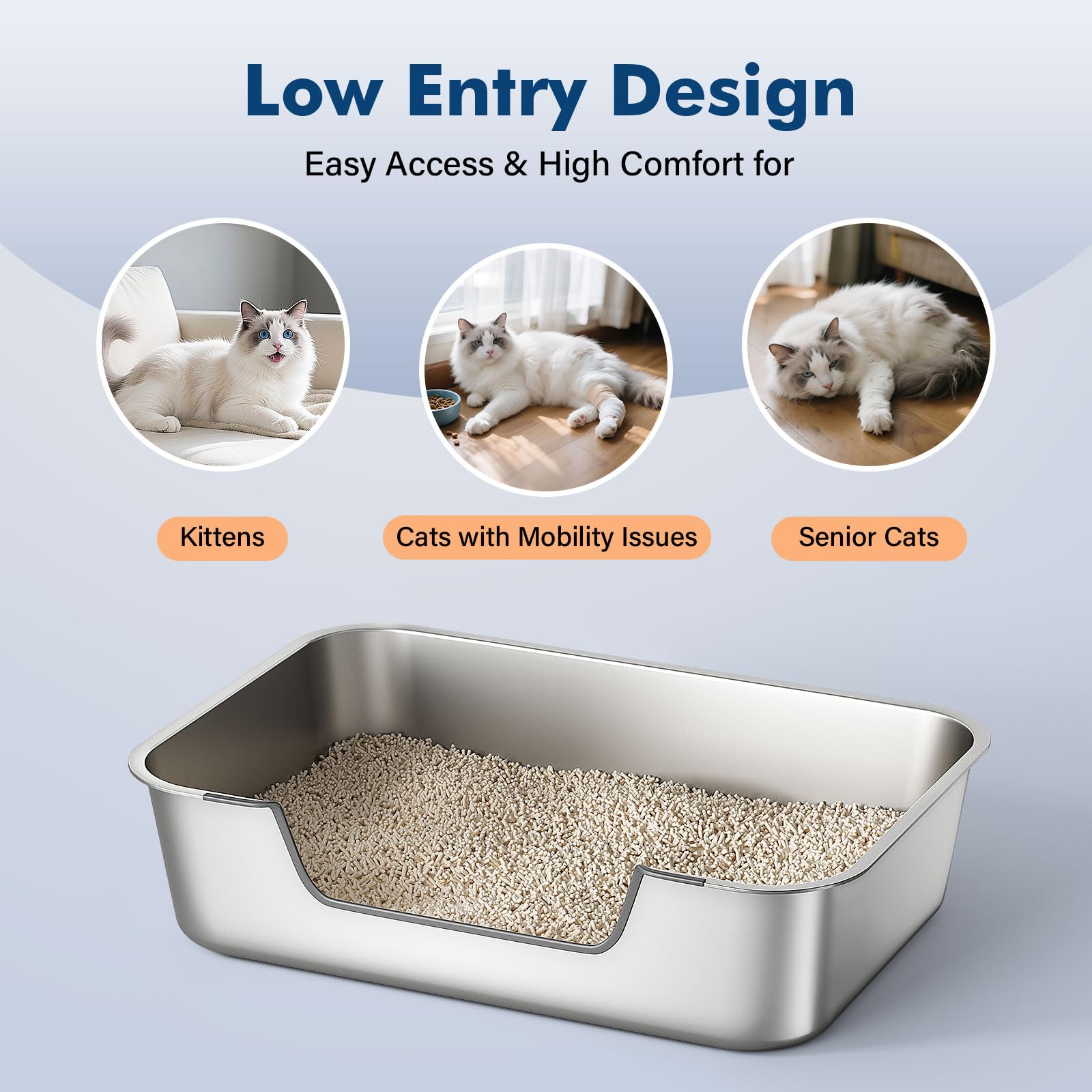 Qiuma stainless steel litter box high-sides protect floors from splashes.