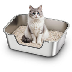 Qiuma stainless steel cat litter box low-entry front view for easy kitten access.