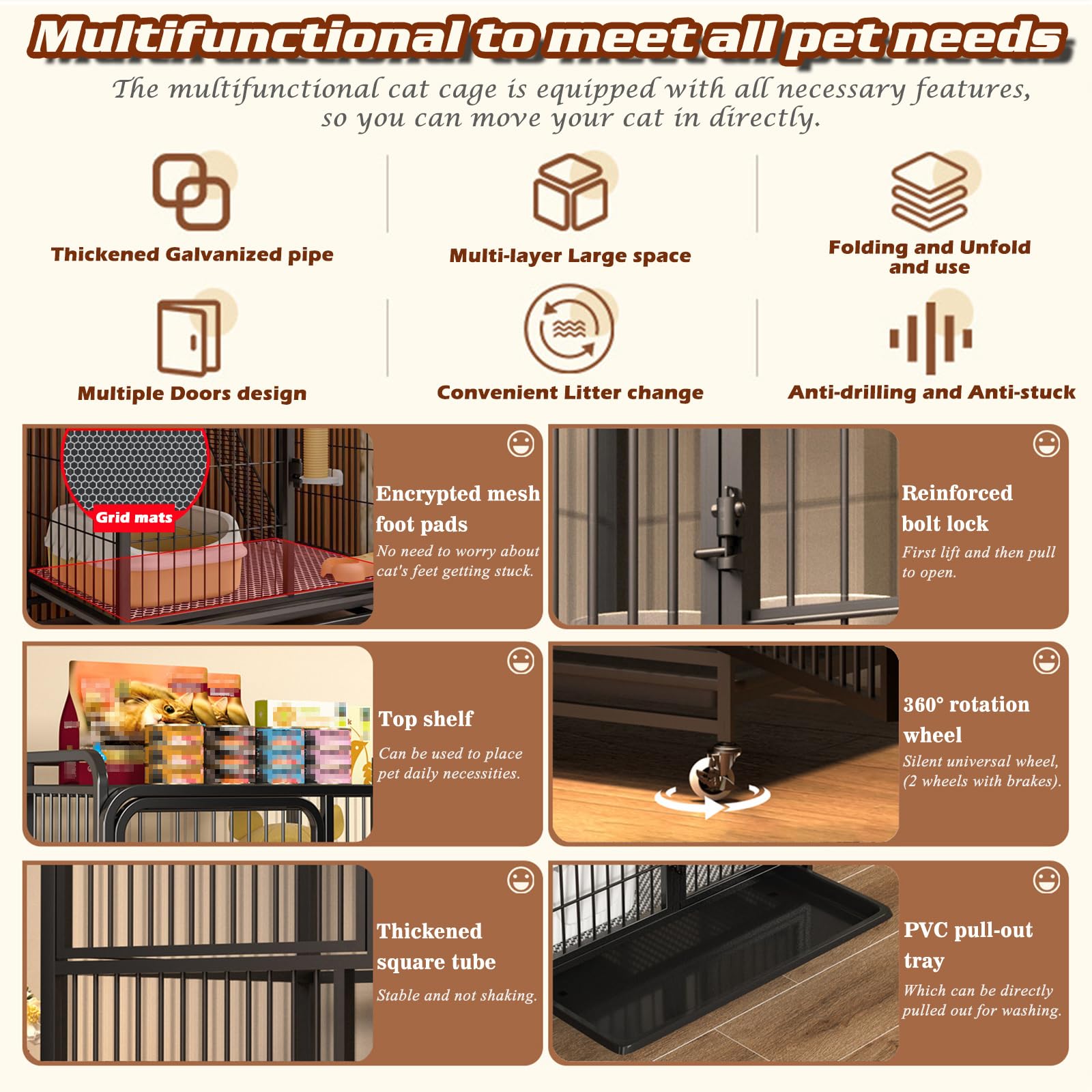 QJXX multi-tier cat cage pullout tray simplifies daily cleaning