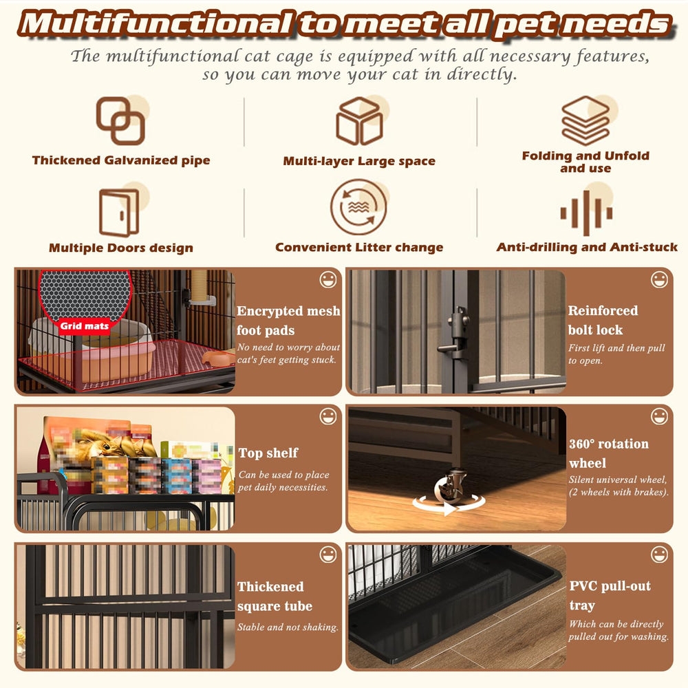 QJXX multi-tier cat cage pullout tray simplifies daily cleaning