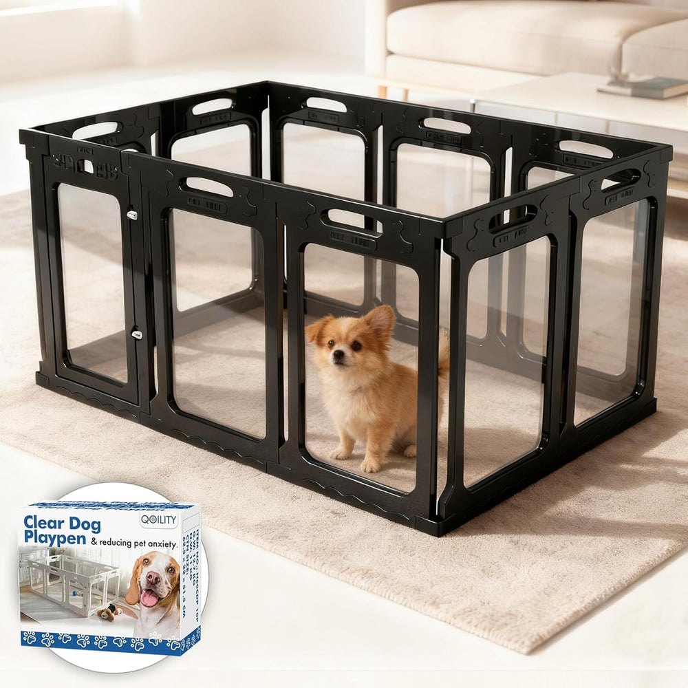 Qoility clear acrylic dog playpen with door showing 360° visibility for relaxed indoor play