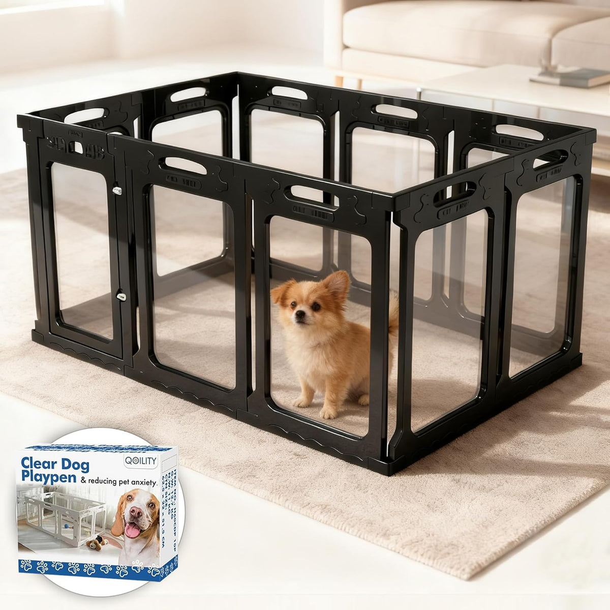 Qoility clear acrylic dog playpen with door showing 360° visibility for relaxed indoor play