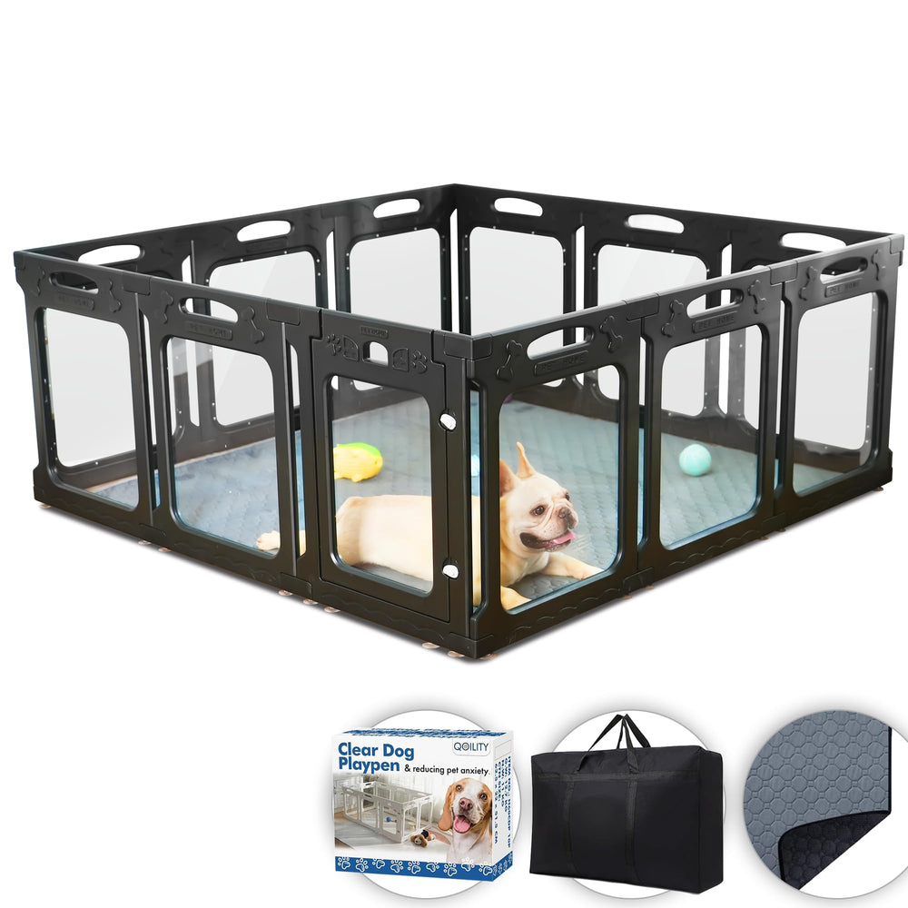Qoility clear acrylic dog playpen front view showing transparent visibility for easy supervision