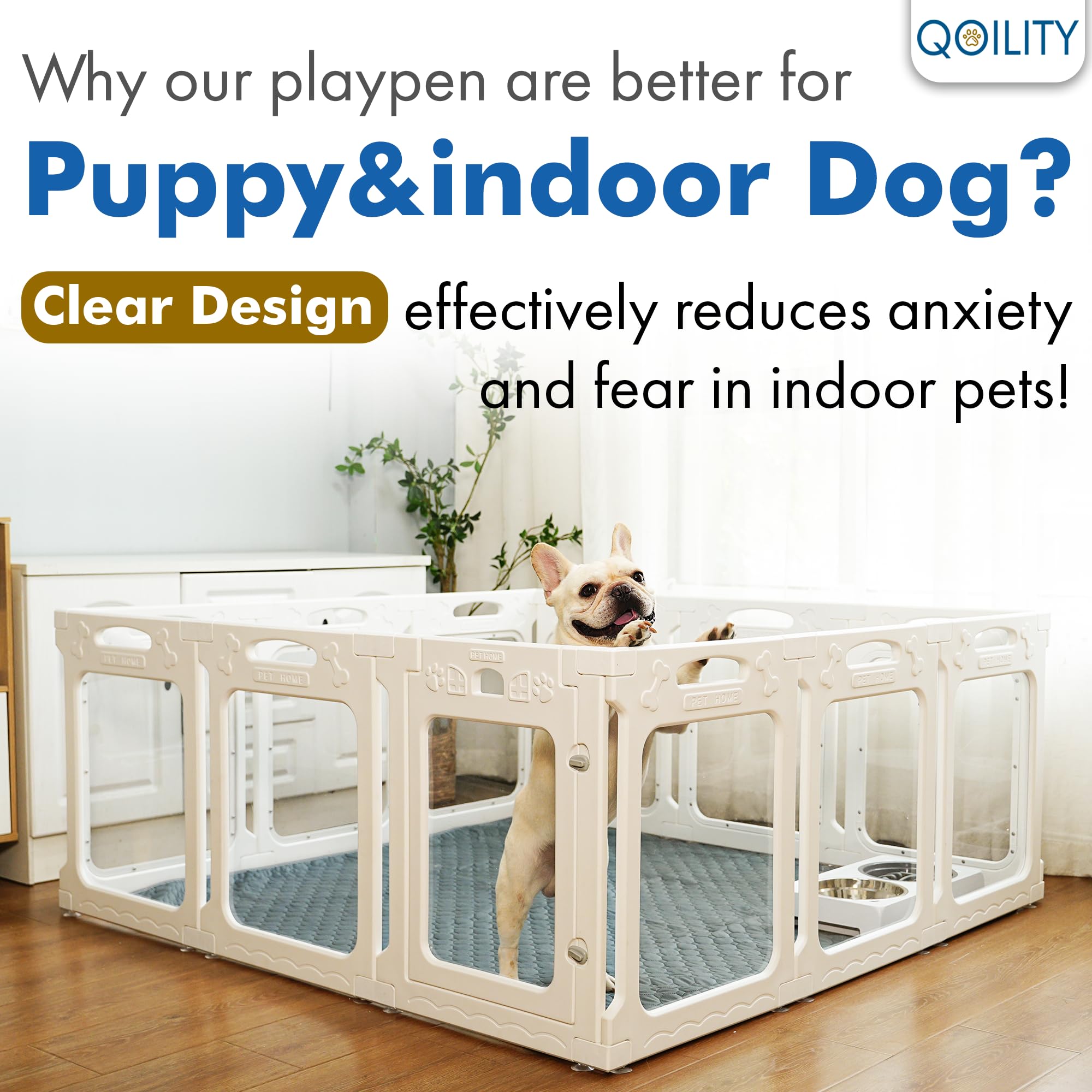 Qoility clear acrylic dog playpen in living room setup creates a safe play area