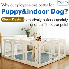 Qoility clear acrylic dog playpen in living room setup creates a safe play area