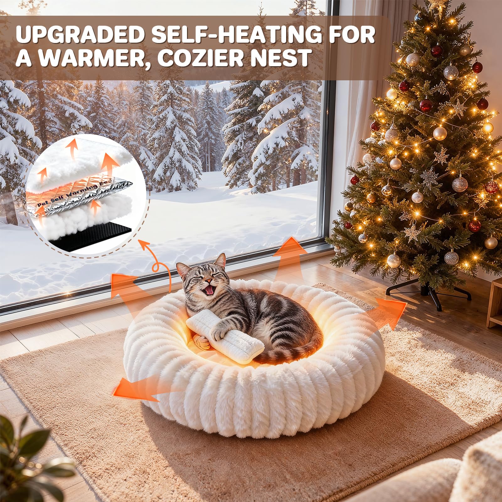 QOKO donut-style cat bed uses ultra-plush rabbit fur for snuggle-worthy comfort.