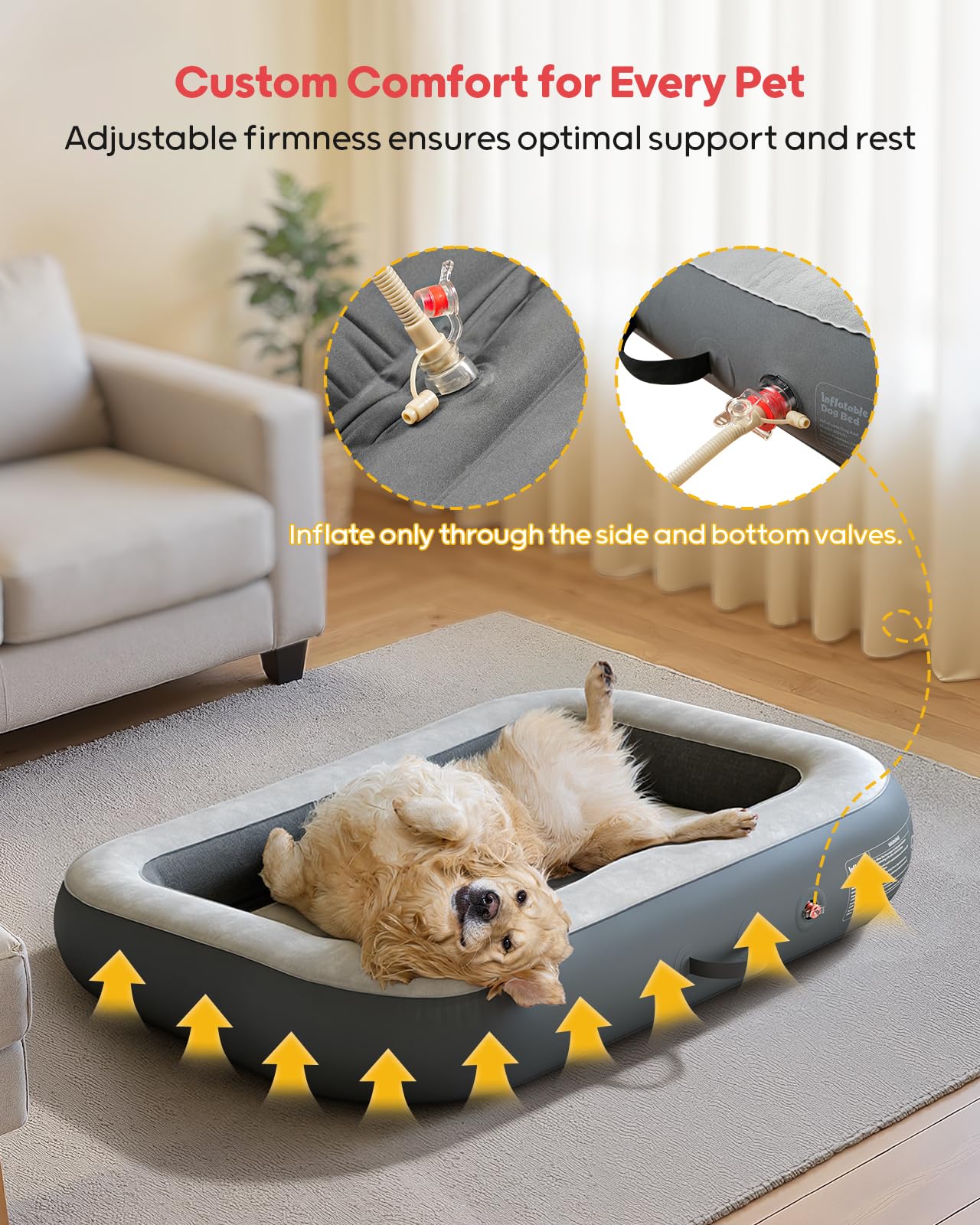 QPAU dog bed with pump and bag is travel ready for trips.