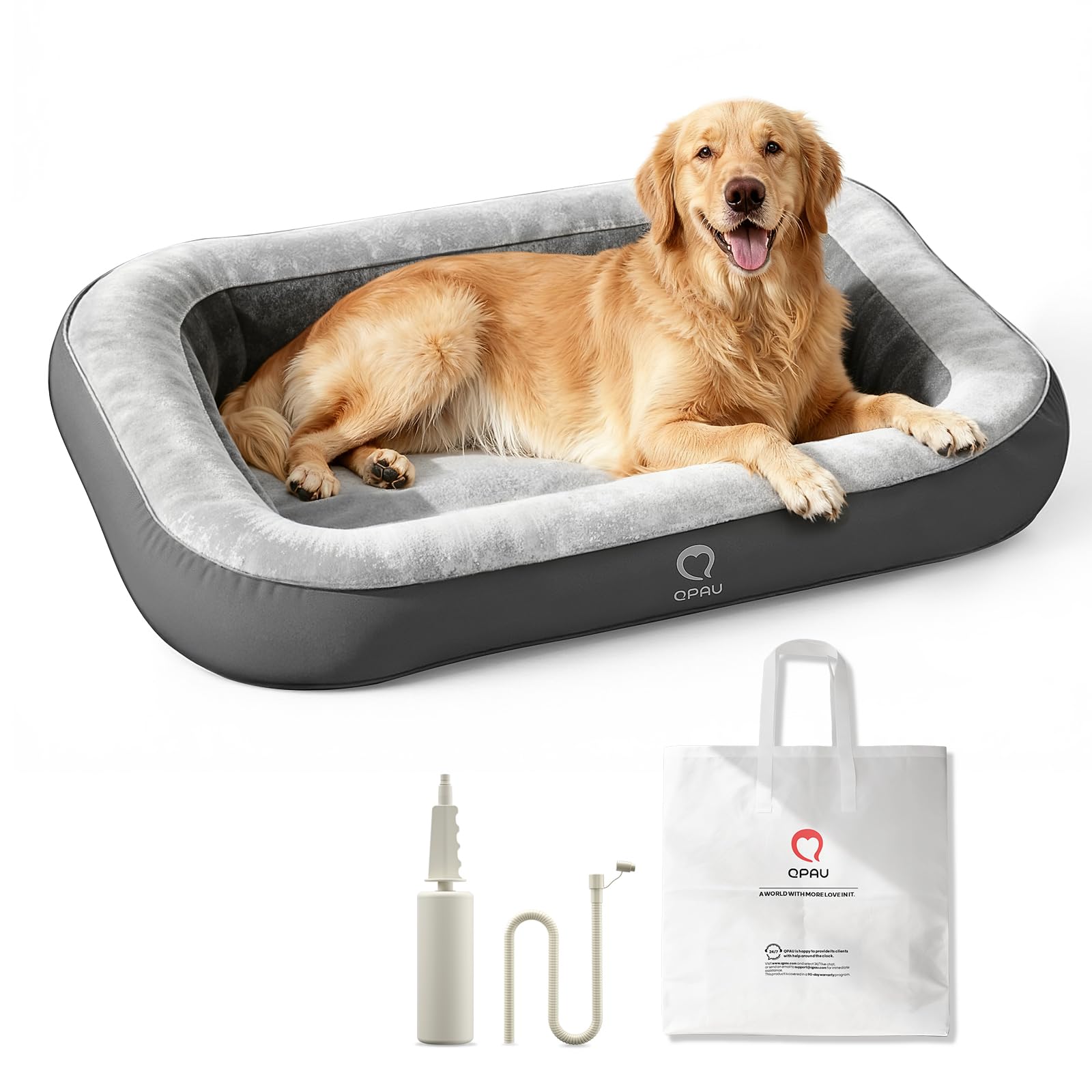 QPAU inflatable dog bed with sides shows secure nest-like comfort for dogs.