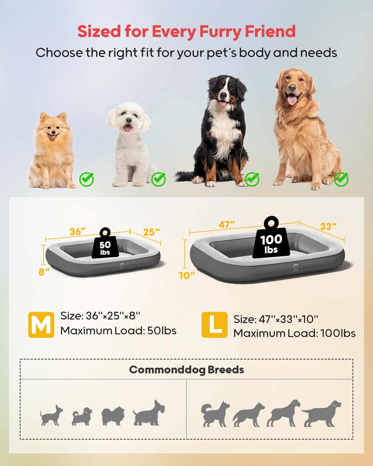 QPAU large size dog bed (47x33) accommodates bigger dogs.