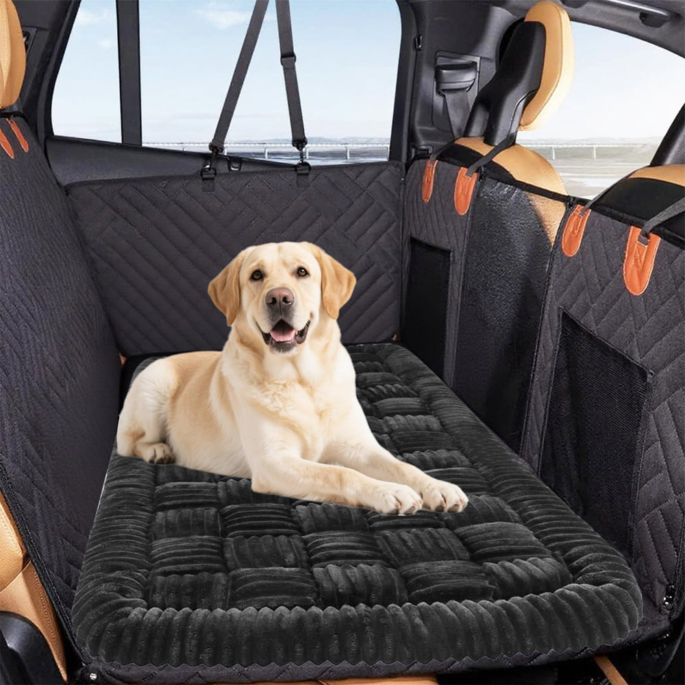 QPK Dog Car Bed with backseat extender shows secure stability for worry-free rides