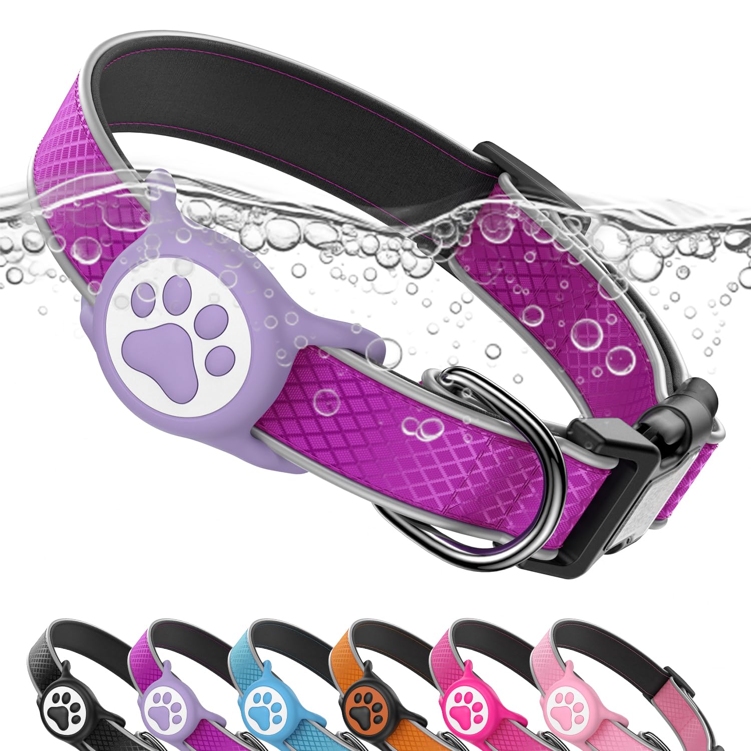 QRTAGLAB Airtag dog collar purple M overview highlighting durable build and night-visible reflective trim