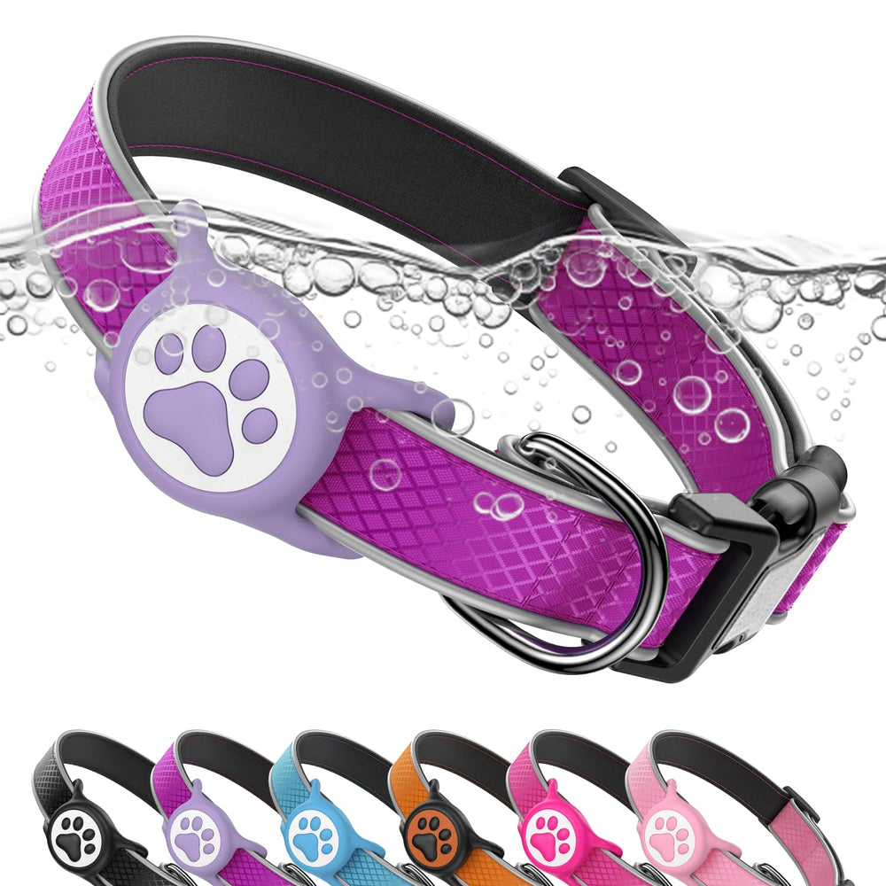 QRTAGLAB Airtag dog collar purple M overview highlighting durable build and night-visible reflective trim
