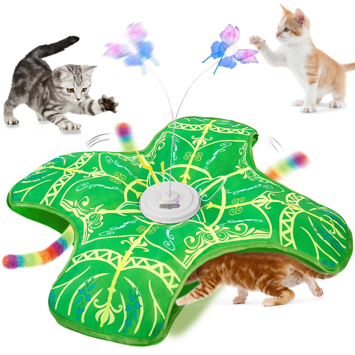 Qraxond butterfly green toy engages cats with fluttering motion for active play.