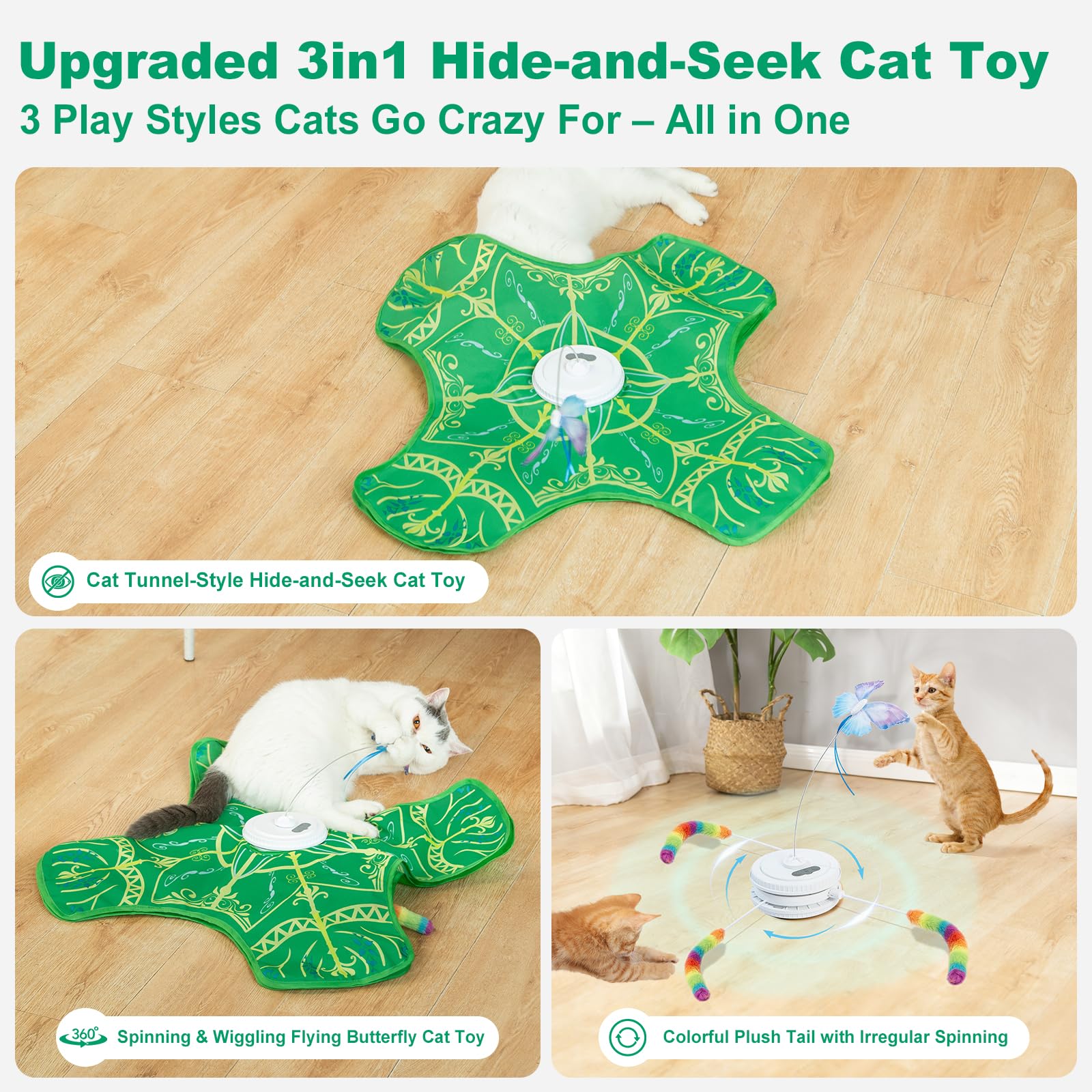 Qraxond tail wand green interactive toy promotes hide-and-seek style play.