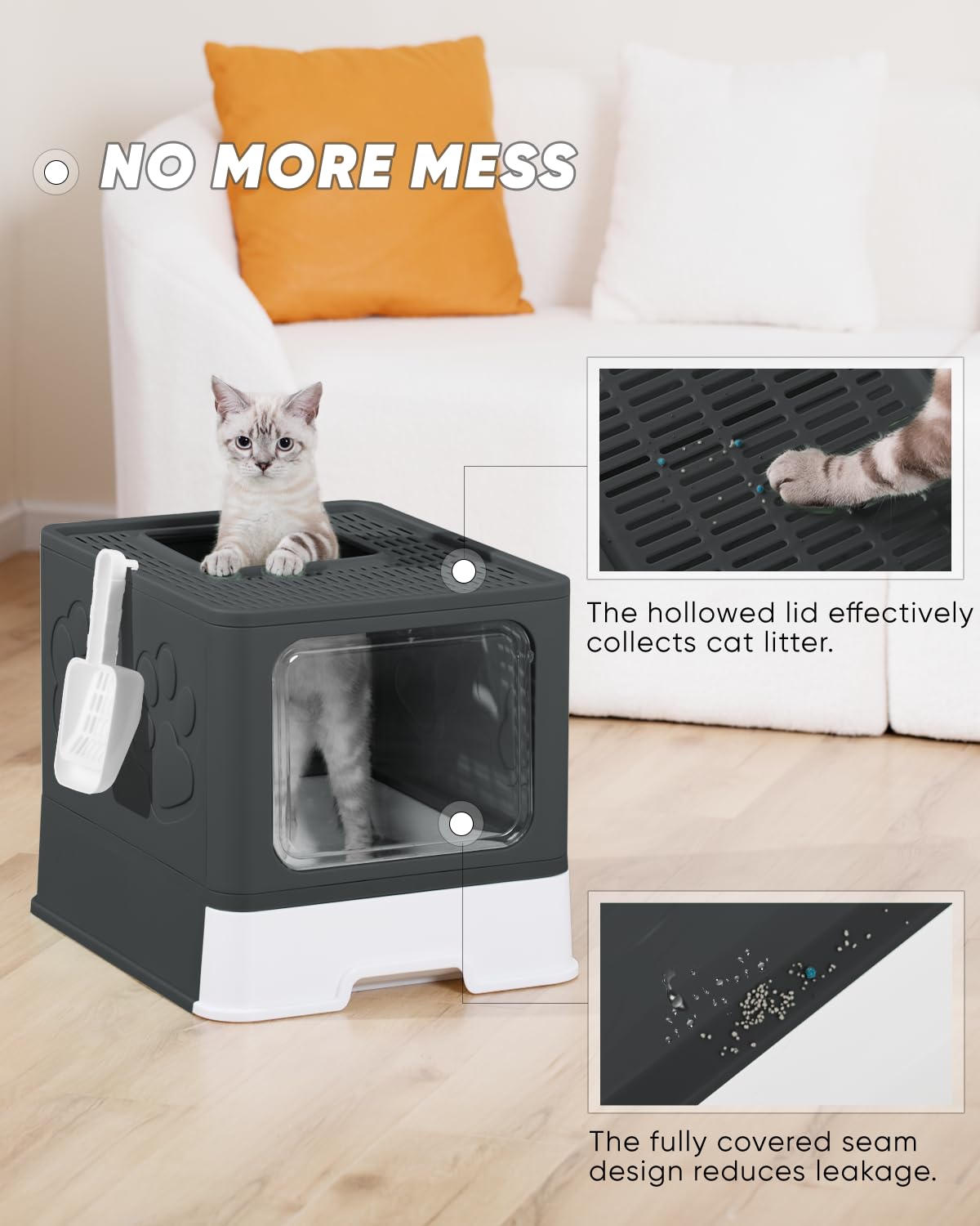 Qualasision perforated lid litter box filters litter from paws for cleaner floors.