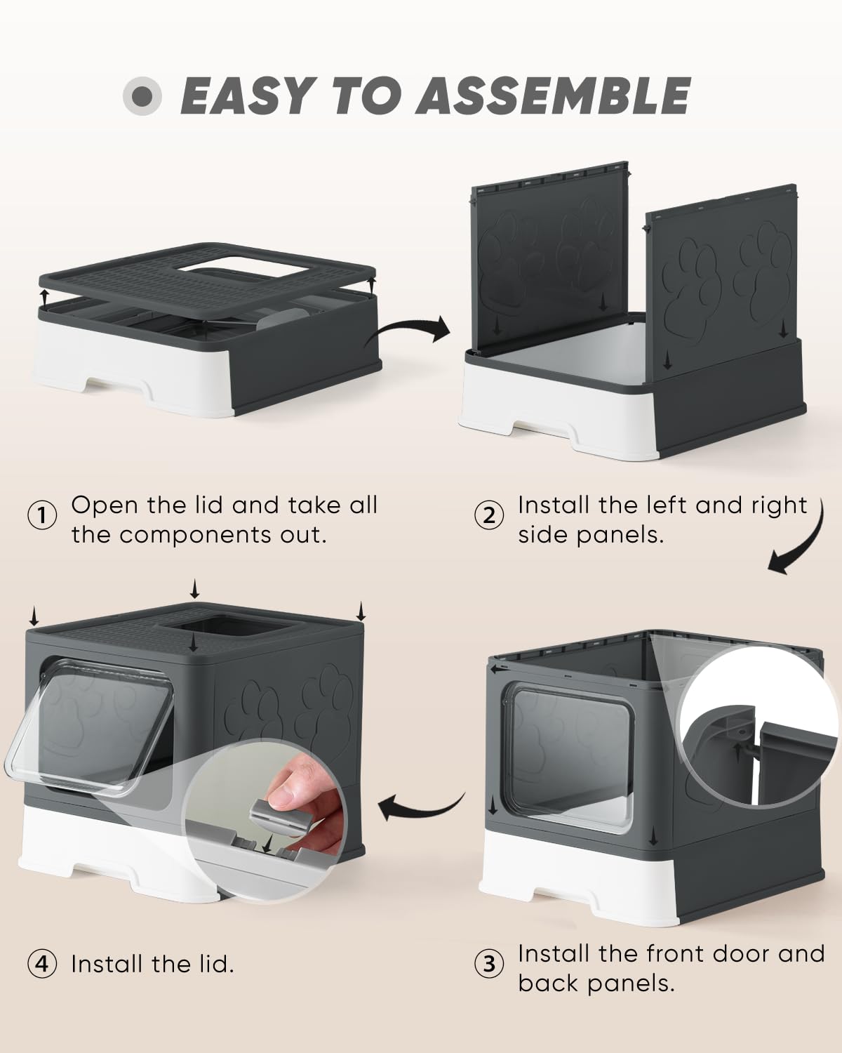 Qualasision pull-out drawer litter box simplifies cleaning and refills.