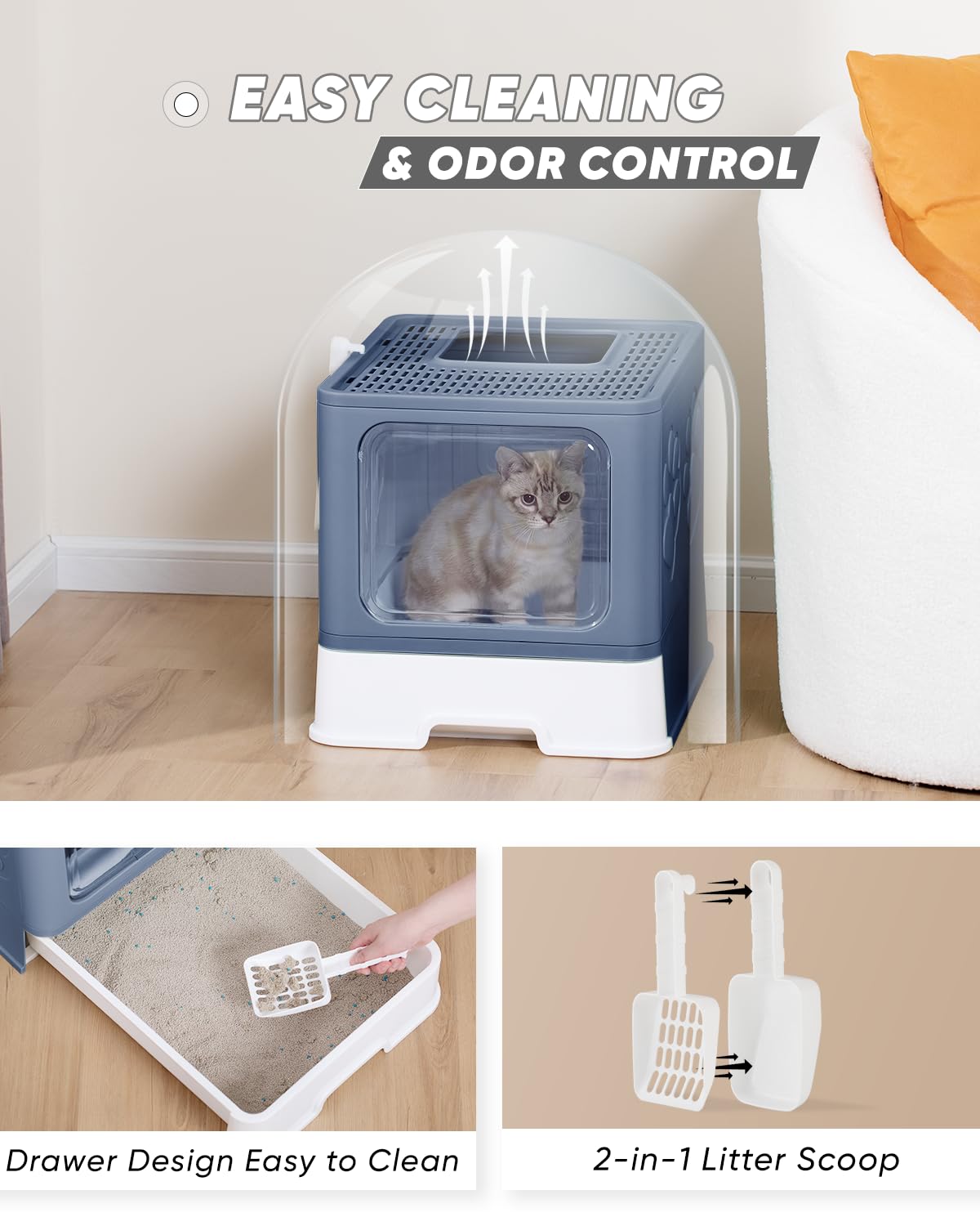 Qualasision top-entry litter box grated lid for cleaner paw-out and less litter scatter.