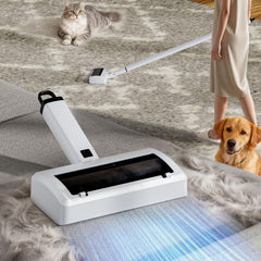 Quamkar Electric Carpet Rake with a 5-section handle extends to 45 inches for easy pet hair cleanup.