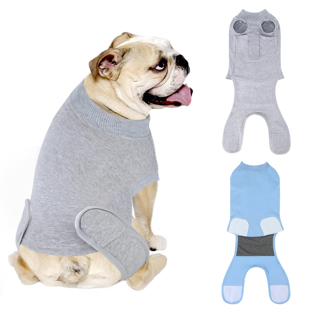 QUEARN breathable cotton dog recovery suit front view for comfortable post-op wear
