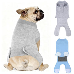QUEARN breathable dog recovery suit grey front view showing fit and comfort