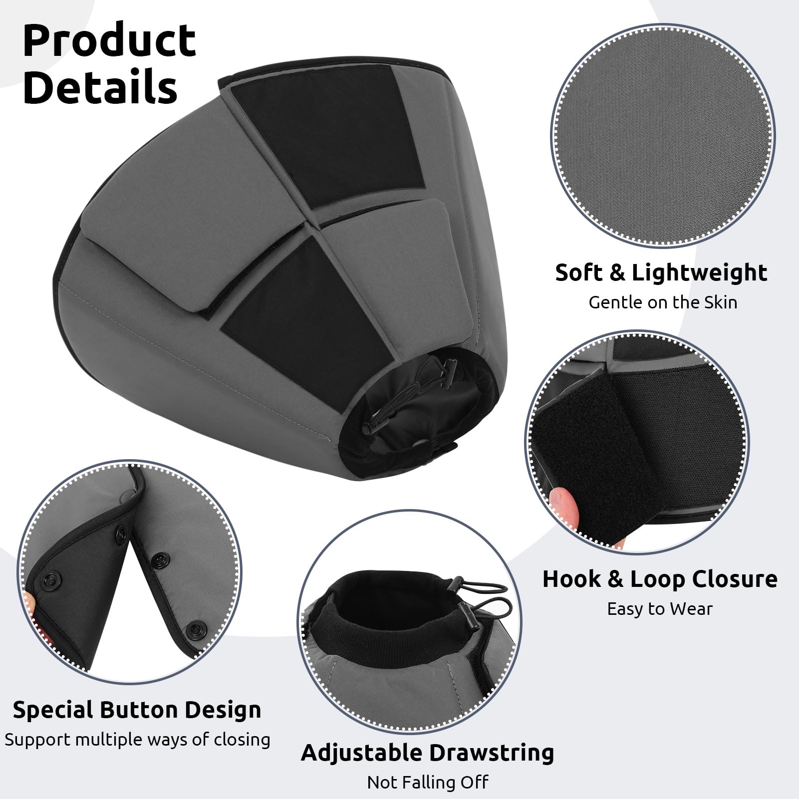 Queenmore adjustable Elizabethan collar closure for quick, secure fits.