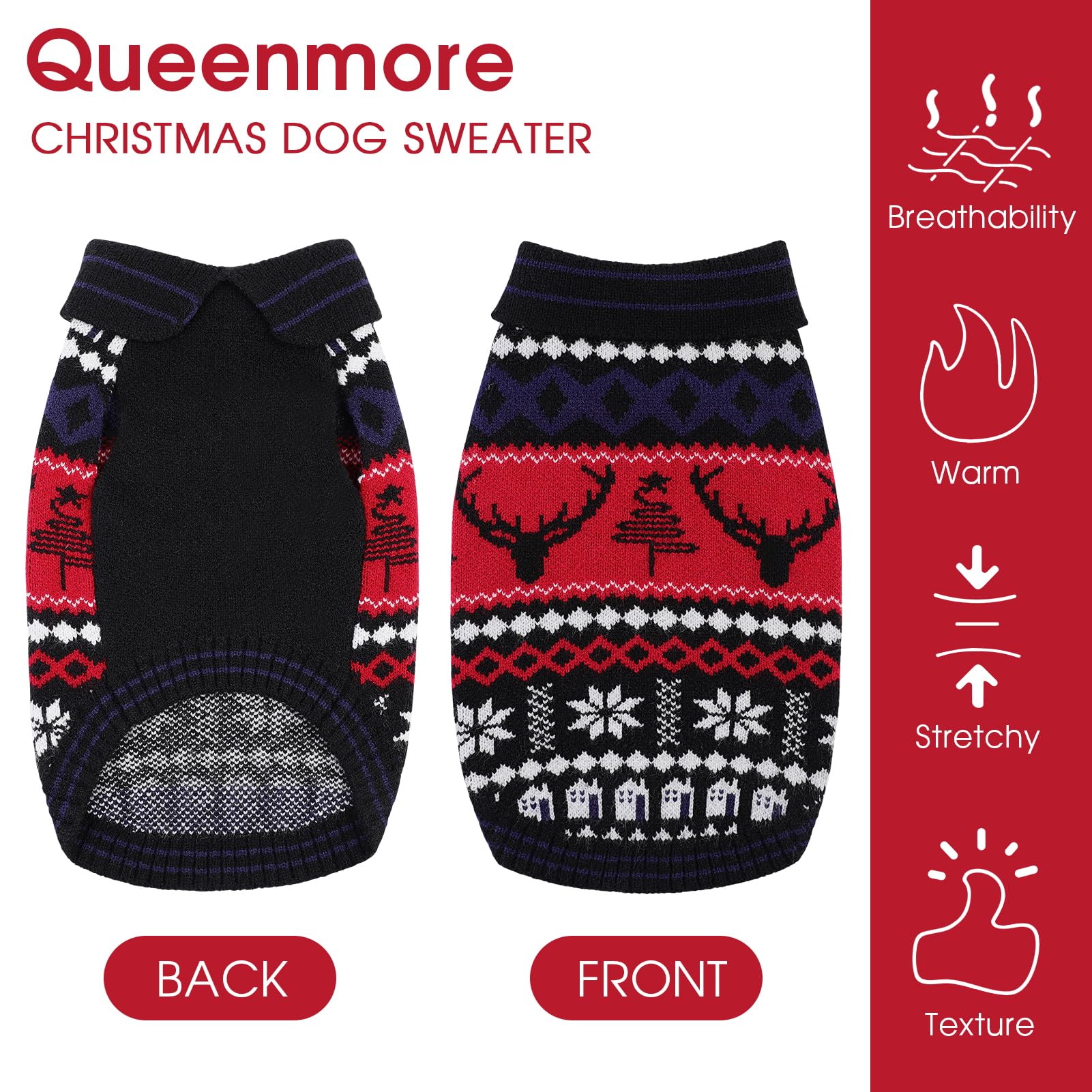 Queenmore dog sweater festive pattern showcases reindeer and snowflakes for cheerful holiday moments