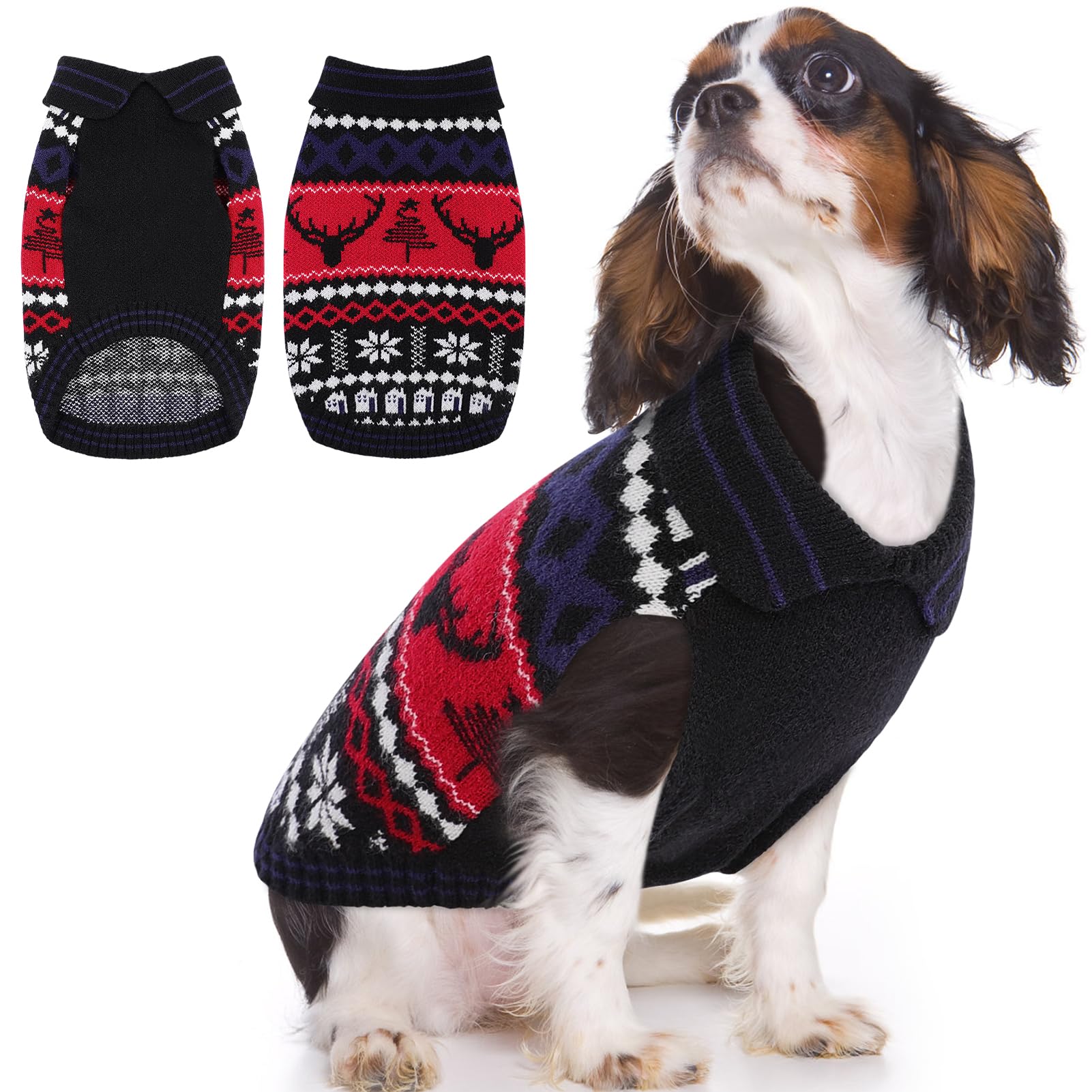Queenmore Christmas dog sweater lapel design keeps small dogs warm and stylish during winter photoshoots