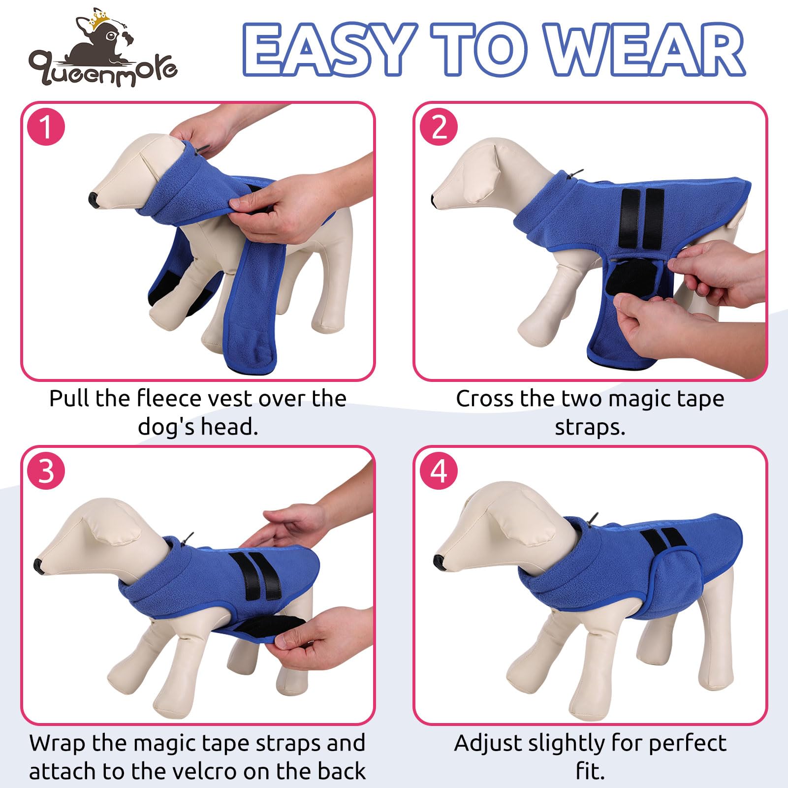 Queenmore soft fleece dog jacket blue worn by dachshund during winter walk