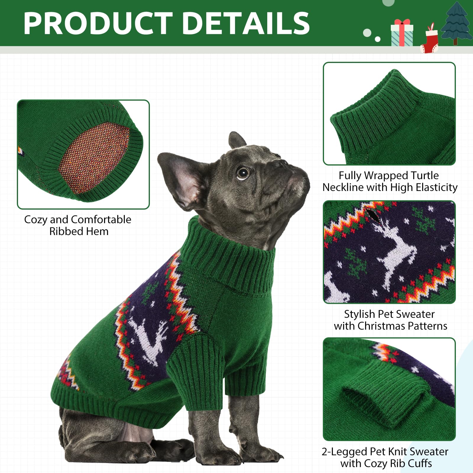 Queenmore dog Christmas sweater includes a high collar for added neck warmth.