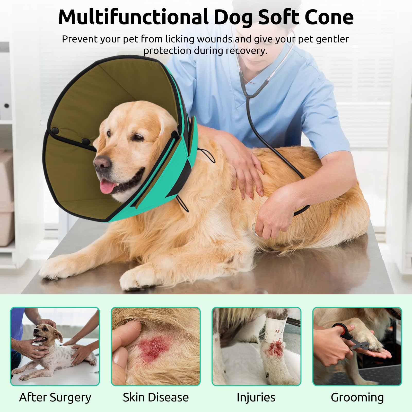 Queenmore green XL cone on a large dog shows breathability and room.