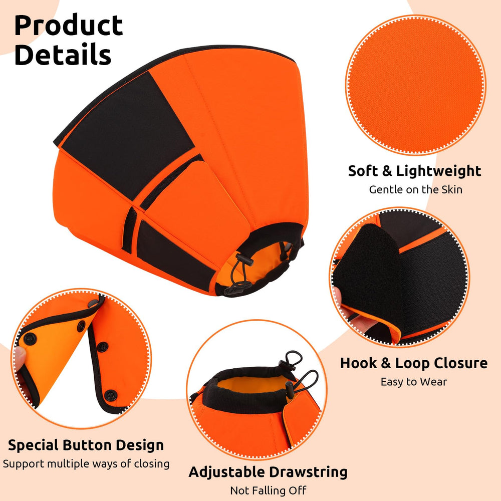 Queenmore orange dog cone worn on a small dog to prevent licking.