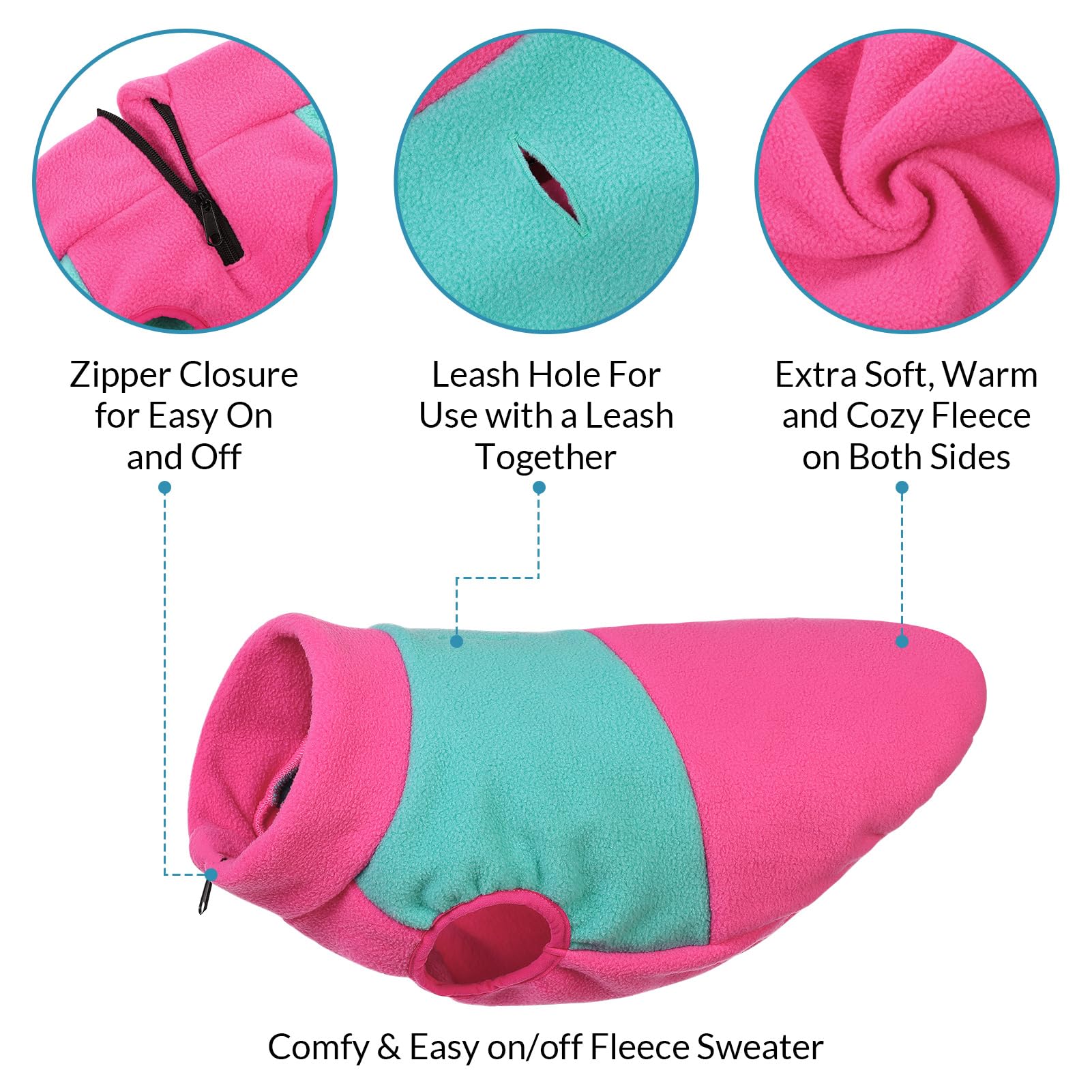 Queenmore dog fleece sweater front-zipper close-up showing easy on-off