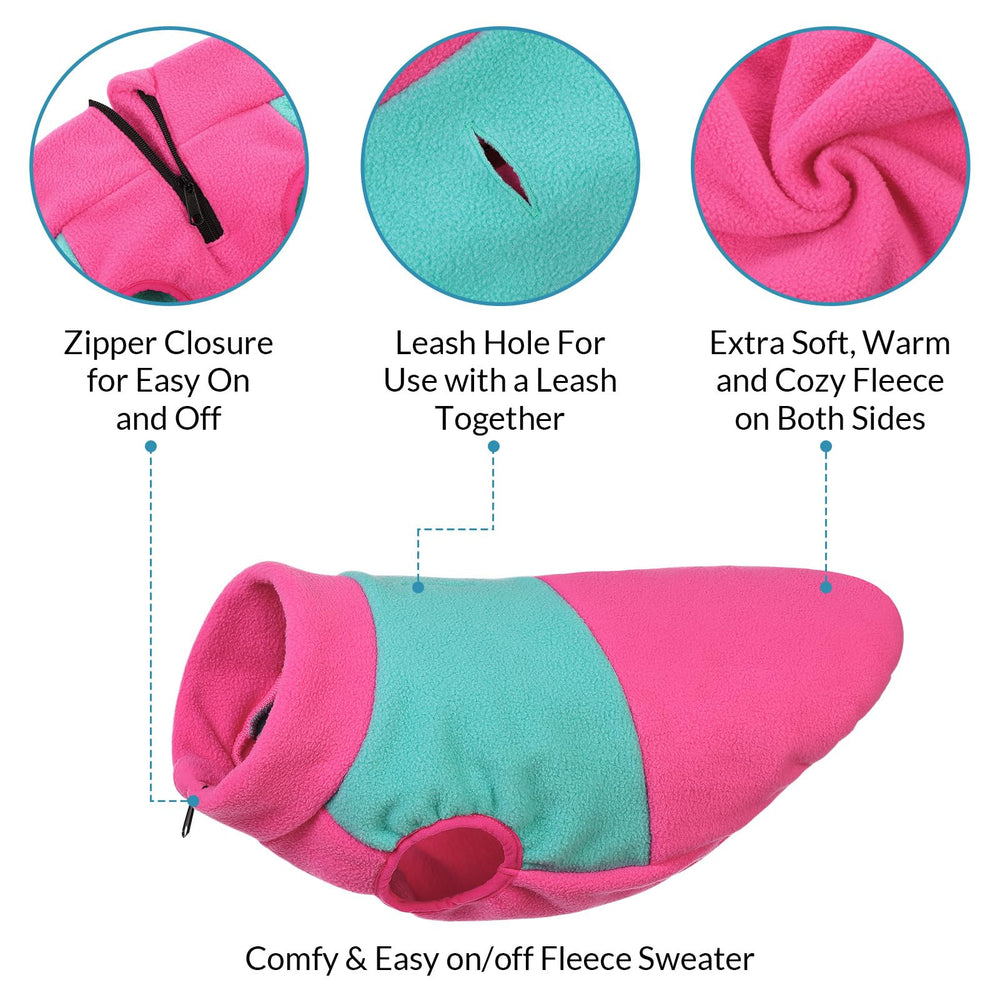 Queenmore dog fleece sweater front-zipper close-up showing easy on-off