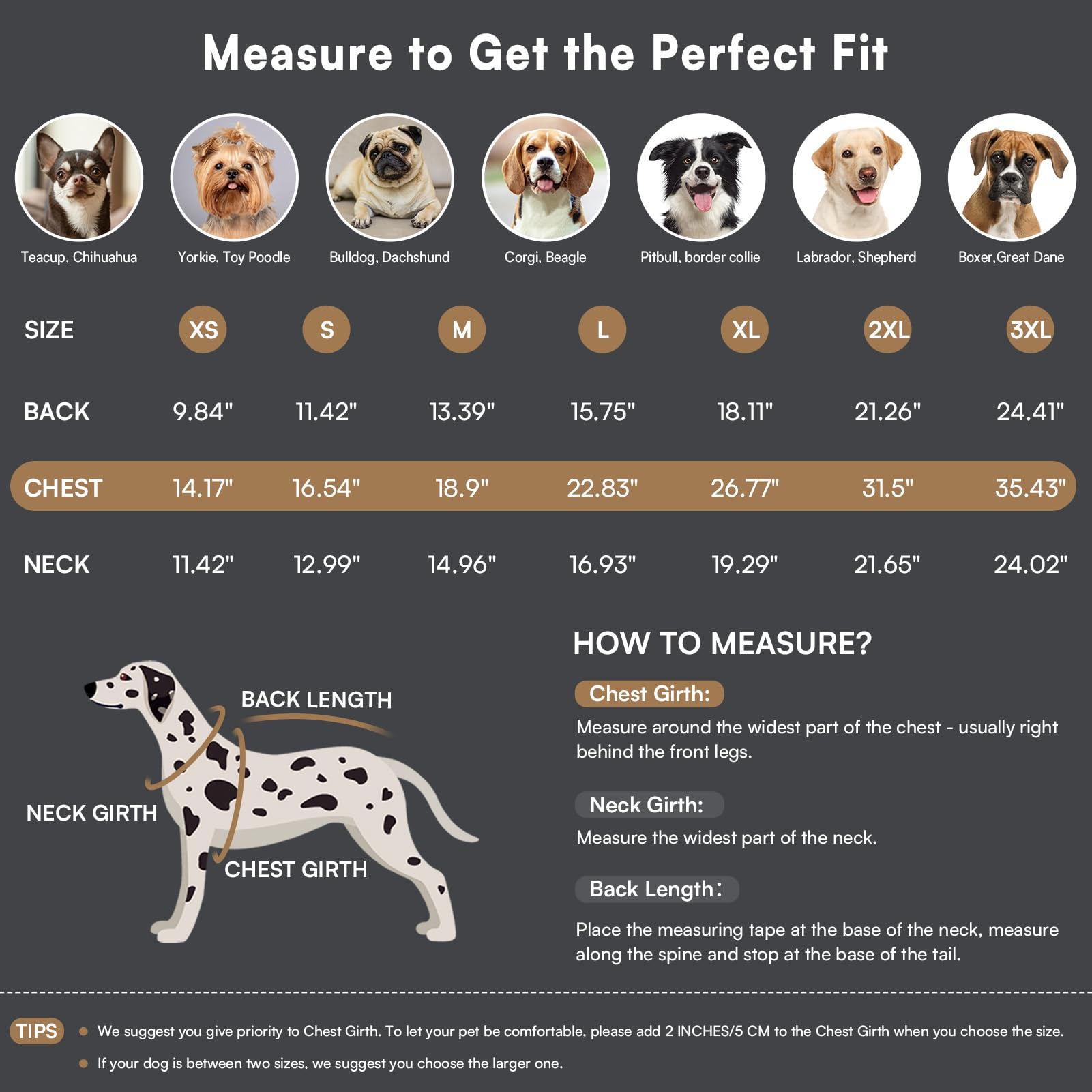 Queenmore dog fleece sweater size chart shows XS to XXXL range
