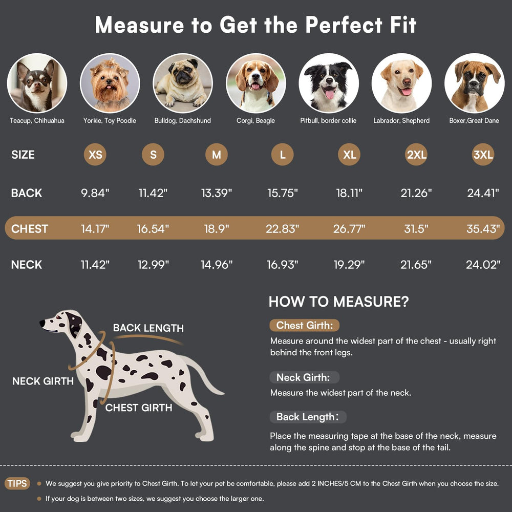 Queenmore dog fleece sweater size chart shows XS to XXXL range
