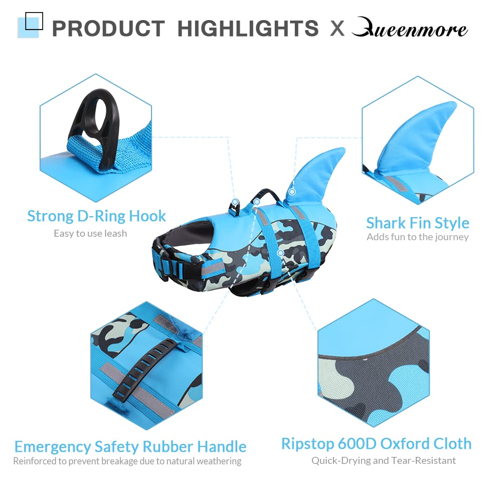 Queenmore dog life jacket back view highlights durable rescue handle for quick grabs