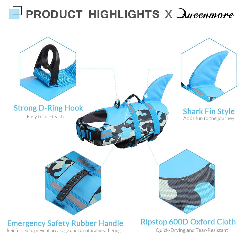 Queenmore dog life jacket back view highlights durable rescue handle for quick grabs