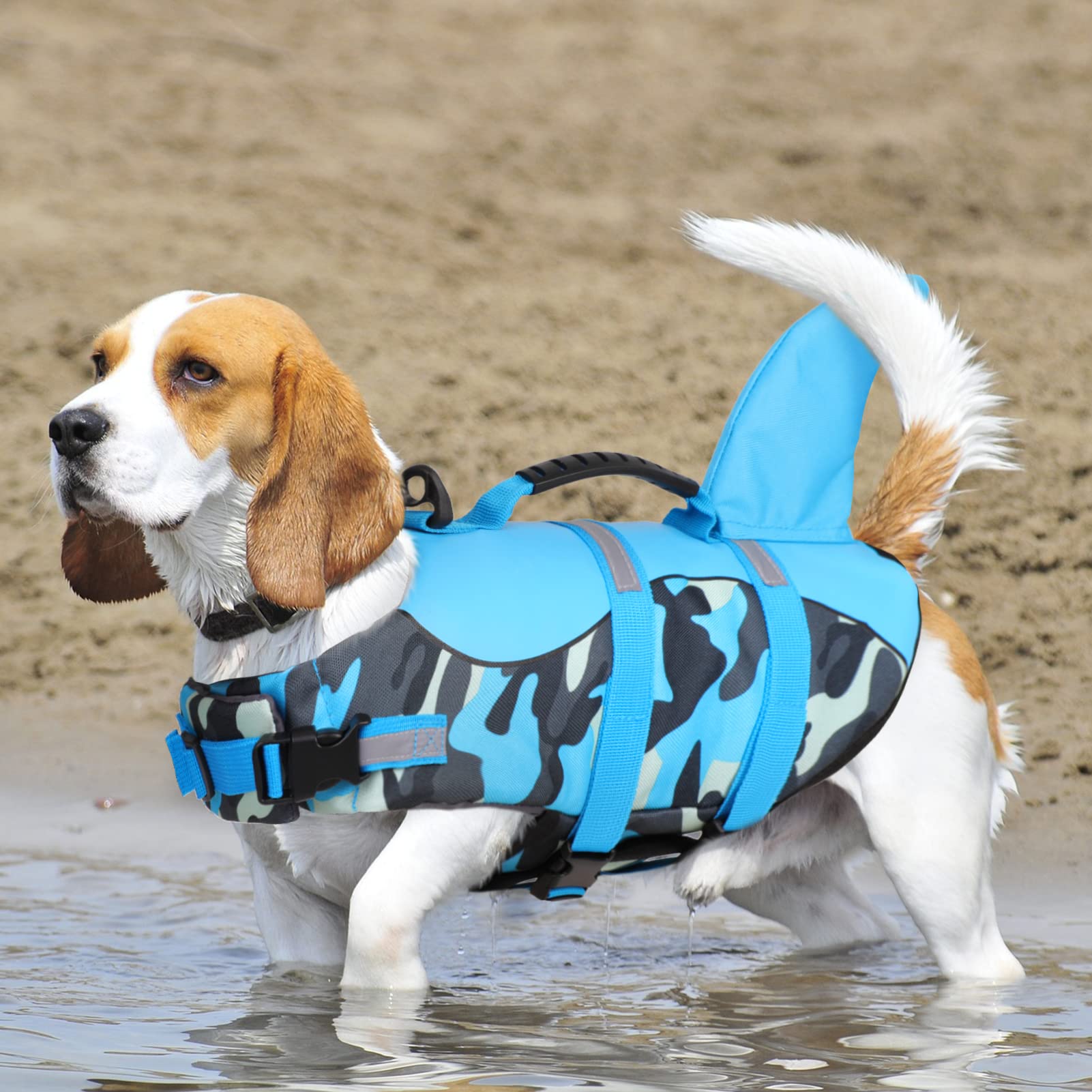 Queenmore dog life jacket side view shows adjustable straps for secure fit